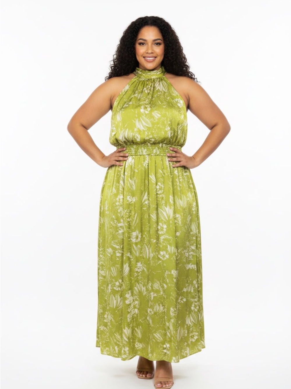 Vince Camuto Olive Green Floral Halter Maxi Dress